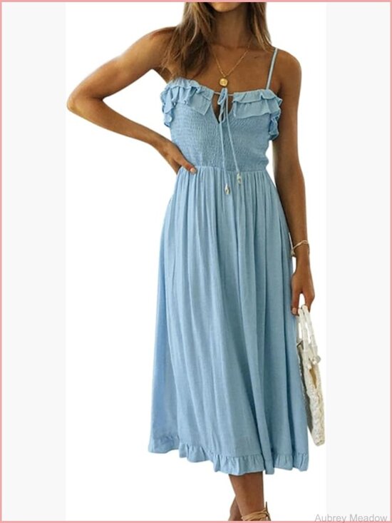 Dresses & Skirts - Sleeveless V-Neck Ruffle Midi Boho Dress Summer Casual Flowy A-Line